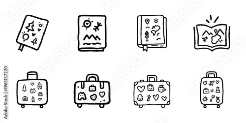 Travel Journals And Suitcases In Hand Drawn Style Set. Adventure Planning, Vacation Memories, Travel Documentation Doodle Sketch Collection. Journey Essentials. Isolated Vector Illustration