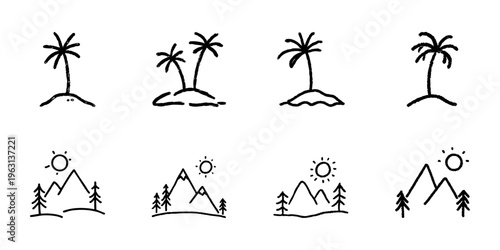 Palm Trees And Mountain Landscapes In Hand Drawn Style Set. Tropical And Nature Scenery Doodle Sketch Collection. Vacation And Adventure Themes. Isolated Vector Illustration