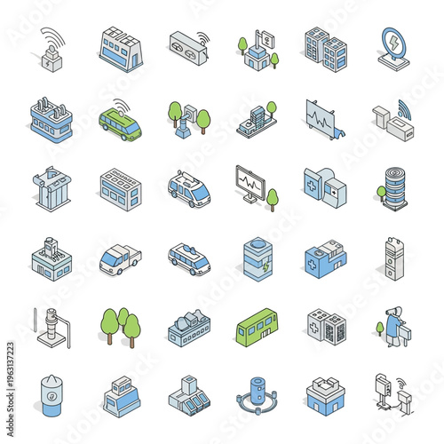 Conceptual set of isometric line icons for smart city, future technology, urban development, digital connectivity, and sustainable infrastructure