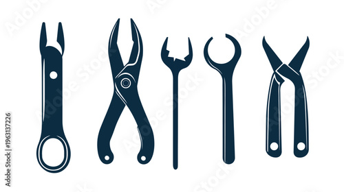 Silhouetted illustration of hand tools, including pliers, wrenches, and other implements