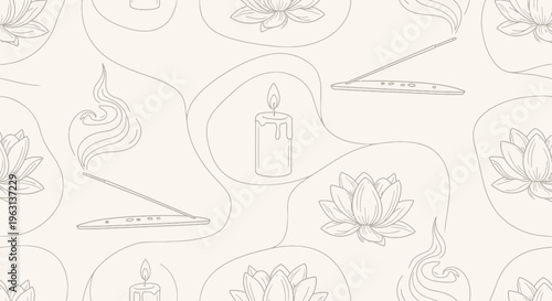 Seamless Pattern with Line Art Lotus Flowers Incense Sticks and Candles