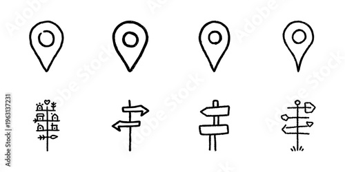 Map Pin And Directional Sign Icons In Hand Drawn Style Set. Navigation, Location, And Wayfinding Doodle Sketch Collection. Travel And Exploration Symbols. Isolated Vector Illustration