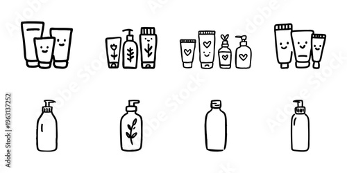 Cosmetic Bottles And Tubes In Hand Drawn Style Set. Skincare, Beauty Products, Personal Care Doodle Sketch Collection. Hygiene And Self-Care. Isolated Vector Illustration