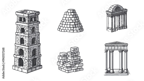 Illustration of several architectural structures in grayscale, including a tower and various temple designs