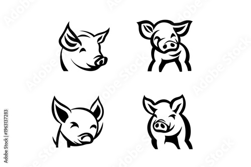 Four stylized black-and-white images depicting pigs in different poses with a minimalistic design