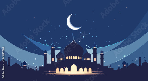 Mosque silhouette at night with crescent moon and stars illuminated windows and arches peaceful ramadan or eid al fitr background