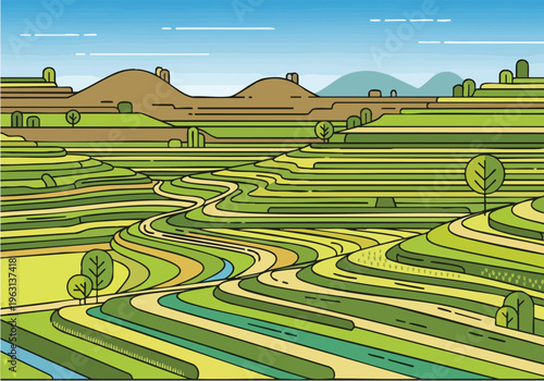 Scenic illustration of terraced rice fields on rolling hills under a clear blue sky