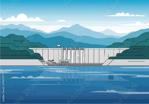 Hydroelectric power plant dam in a serene blue water body, surrounded by rolling green mountains under a clear sky