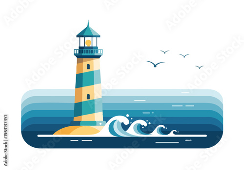 Lighthouse guiding ships at sea with waves crashing and birds flying in the sky