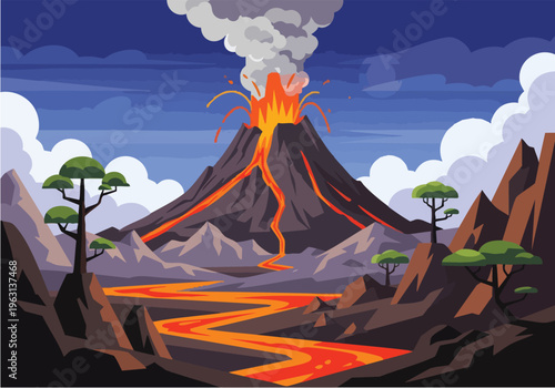 Fiery eruption of a volcano with lava flow and smoke clouds against a dramatic sky with trees and mountains