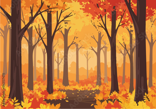 Autumn forest path with fallen leaves and trees displaying vibrant fall colors during the day