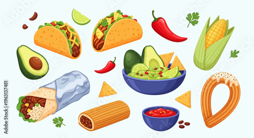 Set of Traditional Mexican Food Items Including Tacos Burritos Guacamole and Churros
