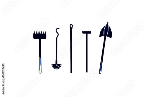 Silhouetted illustration showing various gardening tools against a white backdrop, simple and clean design