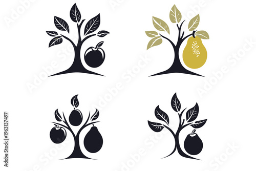 Four stylized illustrations of trees bearing fruit; apples, pears, and plums. Silhouettes on white