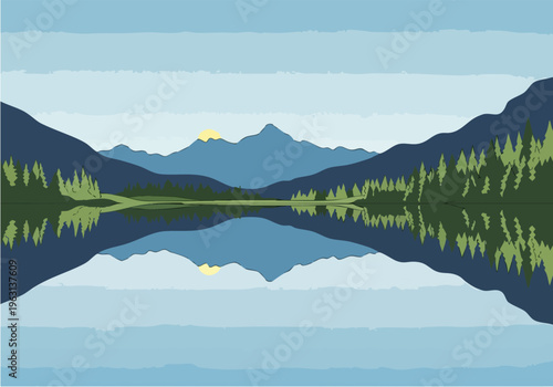 Serene Mountain Lake Reflection with Evergreen Trees and Distant Peaks Under a Calm Sky
