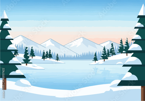 Serene Winter Landscape with Snow-Capped Mountains Reflecting in a Frozen Lake Surrounded by Pine Trees