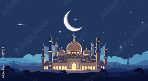 Illuminated mosque at night with crescent moon and stars islamic architecture under celestial sky
