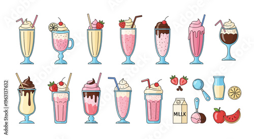 Set of Hand Drawn Milkshakes and Sweet Dessert Ingredients