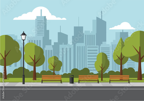 Vibrant cityscape park with benches and trees, offering a serene urban oasis for relaxation and enjoyment of nature amidst city life