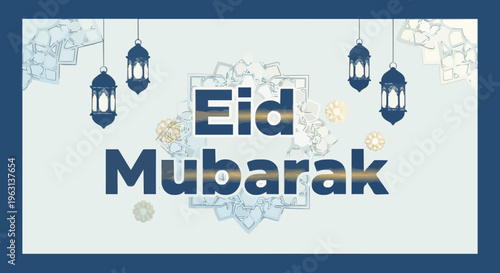 Eid mubarak greeting card with hanging lanterns and floral patterns on gray background