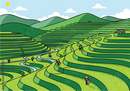 Traditional Asian rice terraces with farmers working under a blue sky and green hills