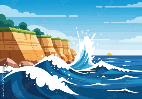 Illustration of a coastal landscape with waves crashing against cliffs under a blue sky with clouds and a distant sun