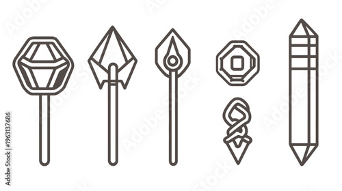 Stylized, geometric illustrations of different shapes including a shield, axe, flame, coin, knot, and tower