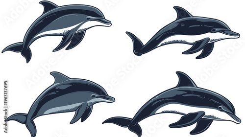 Four stylized illustrations of playful dolphins. Each is colored with blue and white hues
