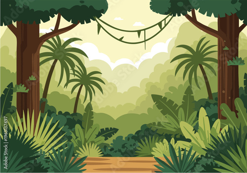 Vibrant Jungle Scene with Lush Greenery and Tropical Trees