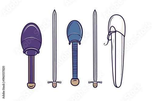 A collection of stylized medieval weapons illustrated against a white background. Swords and maces