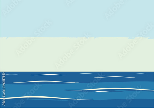 Serene ocean waves under a soft blue sky, a minimalist seascape illustration evoking tranquility and calm