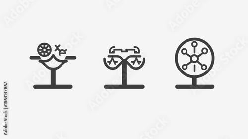 Three simple, dark gray graphic icons, depicting various abstract shapes, set against a light background