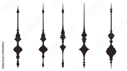 Silhouetted ornamental designs with varied geometric and curved shapes, symmetrical arrangements