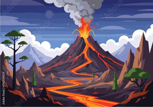 Illustration of a majestic volcano erupting with lava flows down its slopes surrounded by mountains and trees under a cloudy sky