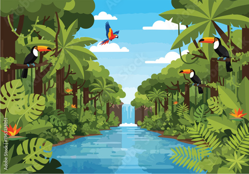 Vibrant tropical rainforest with a flowing river, lush green trees, exotic birds, and a distant waterfall under a clear blue sky