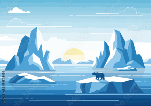 Arctic wilderness scene featuring a polar bear on an ice floe with a sun rising over calm waters and icy formations