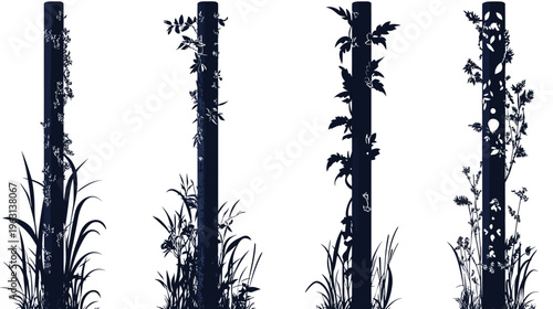 Silhouetted botanical elements adorn dark pillars, creating a contrasting, elegant design