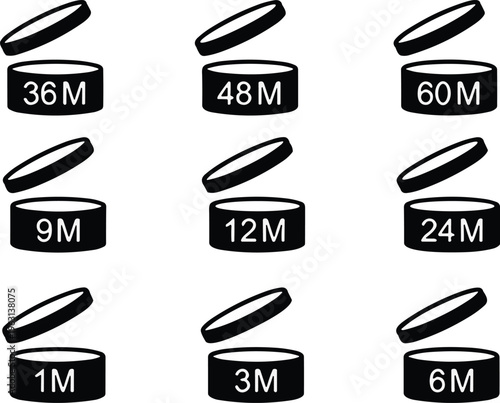Period after open icons set. Pao symbols. Round box with cap opened. Expiration period in months signs for cosmetic packaging on transparent background.