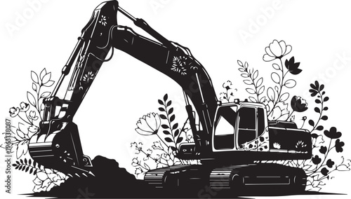 Black excavator surrounded by flowers and foliage construction
