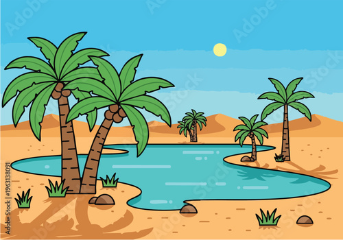 Desert oasis with palm trees and a watering hole under a clear blue sky with a bright sun