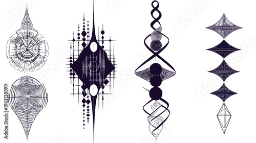 Artistic abstract compositions arranged on a clean white background. Various shapes and patterns are seen