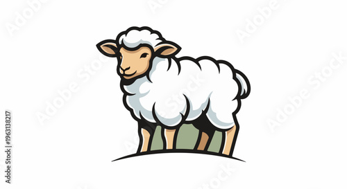 Fluffy sheep cartoon with tan face and light green ground