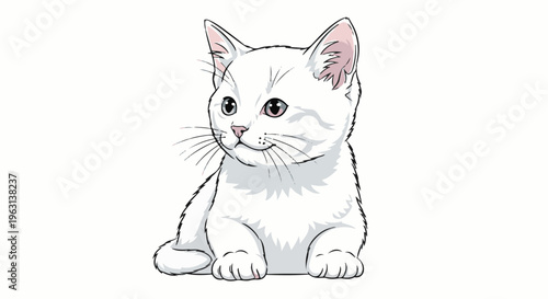 Fluffy white kitten with pink ears and grey eyes sitting patiently