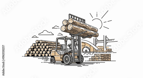 Forklift moving logs at a lumber yard under the sun