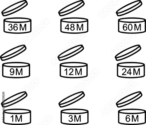 Period after open icons set. Pao symbols. Round box with cap opened. Expiration period in months signs for cosmetic packaging on transparent background.