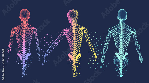 Artistic depiction of human skeletons, each in different colors, on dark background