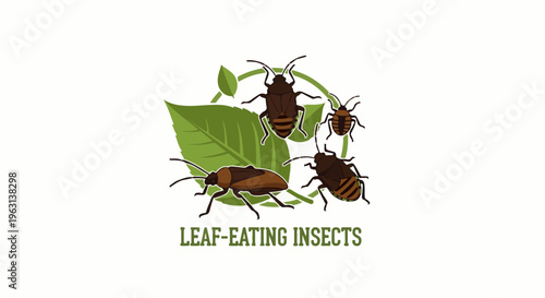 Four brown insects with striped abdomens on green leaves and branches