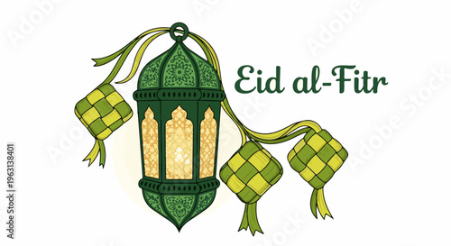 Festive green lantern and diamond-shaped rice cakes for Eid al-Fitr celebration