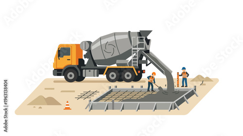 Construction Concrete Mixer Truck Pouring Cement into Foundation with Workers, Industrial Vector Illustration Isolated on White Background
