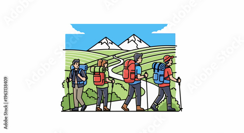 Four hikers with backpacks ascend a winding path through rolling green hills